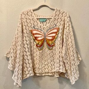 Judith March Crochet Top with Embroidered Colorful Butterfly Applique